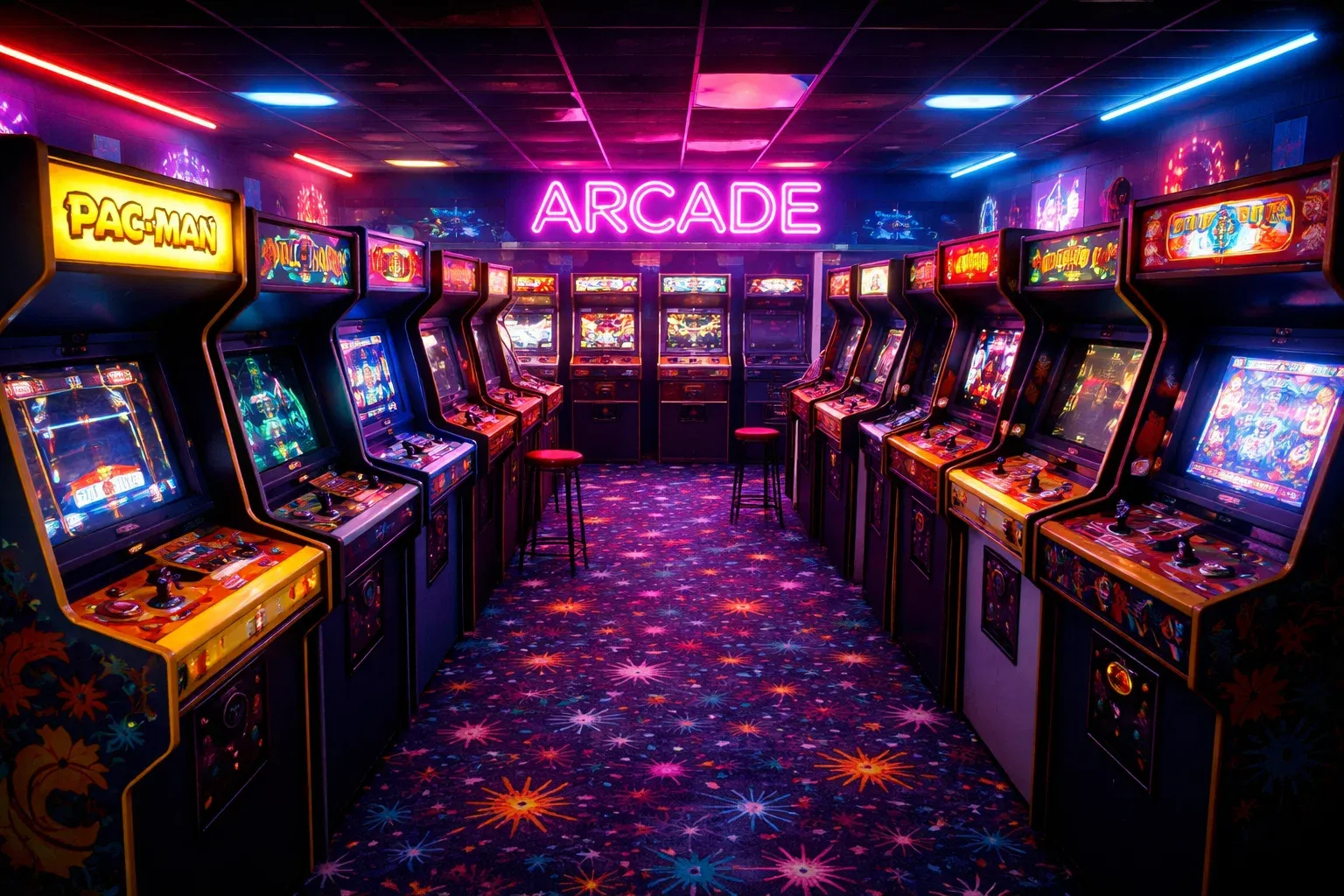 arcade gaming machines in a retro game hall