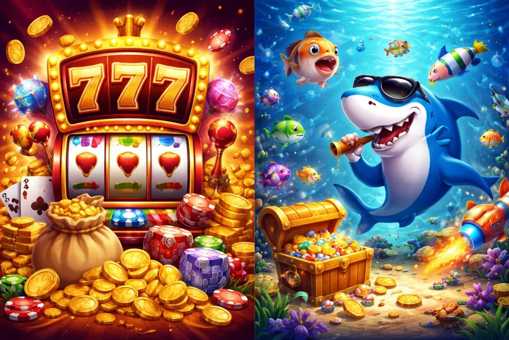 Side‑by‑side view of a vibrant slot machine and a colorful fish shooting game representing casino gaming comparison