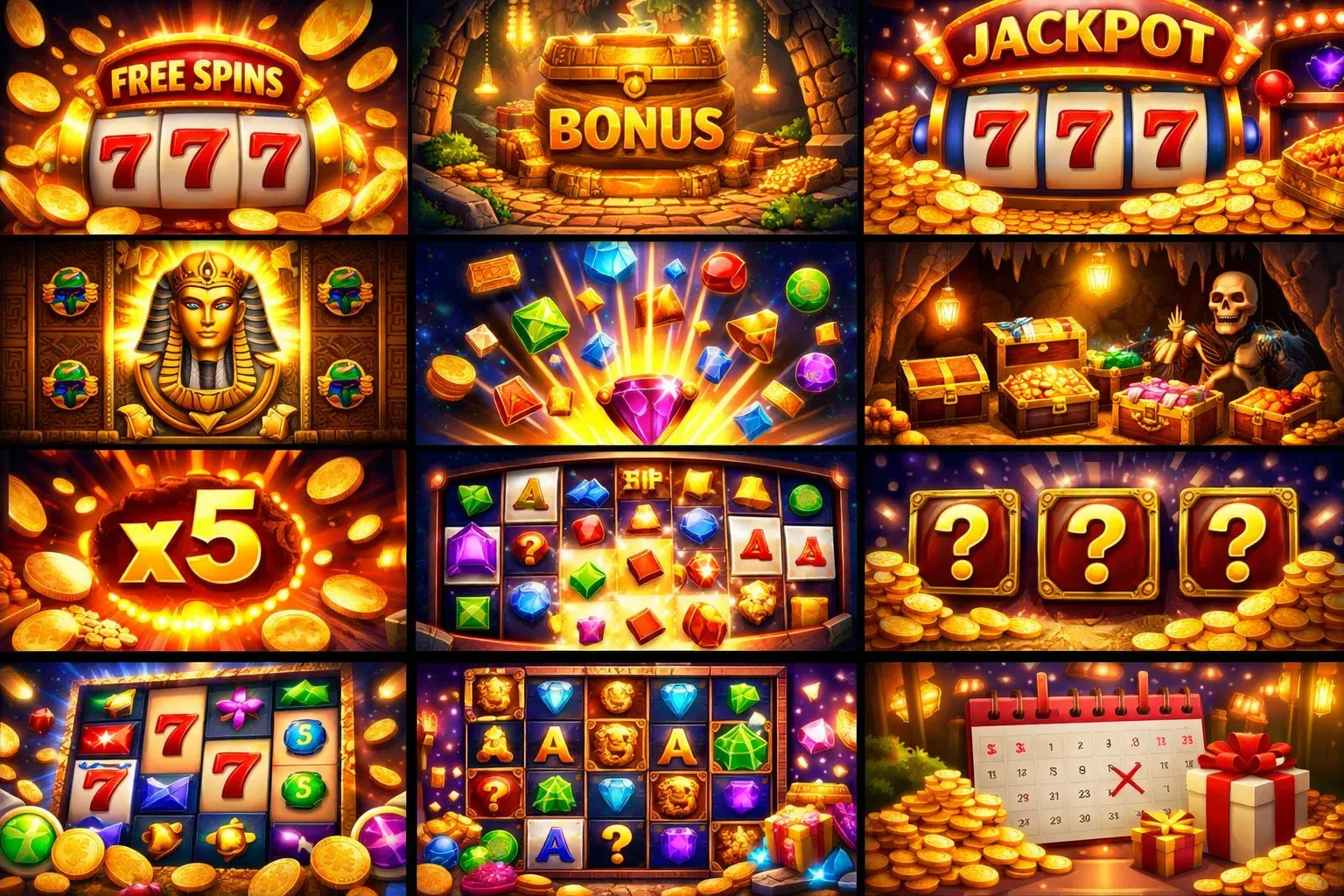 Visual collage of slot game features including free spins, jackpots, wilds, and bonus rounds for player engagement