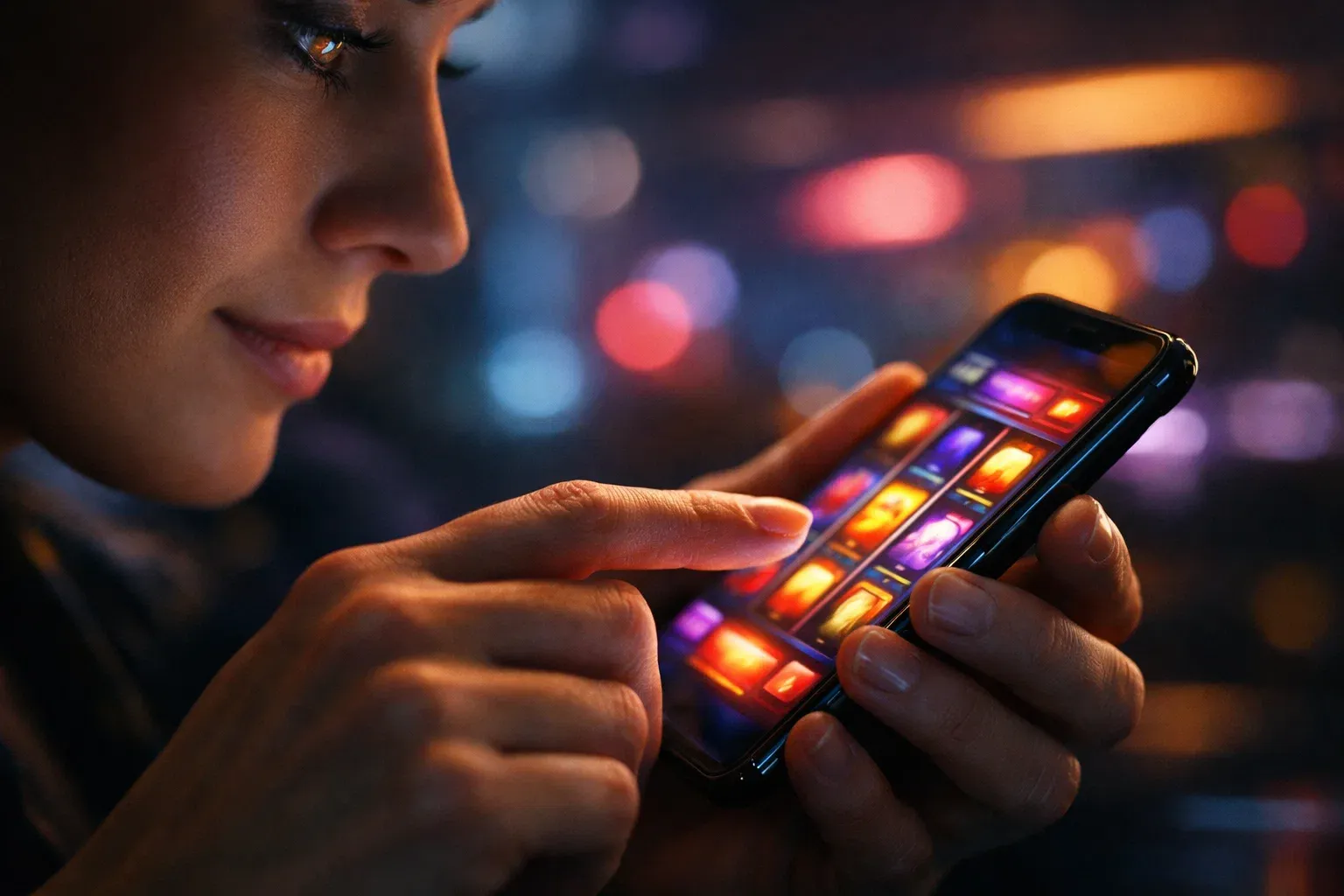 Woman playing slot machine game on smartphone with colorful game graphics