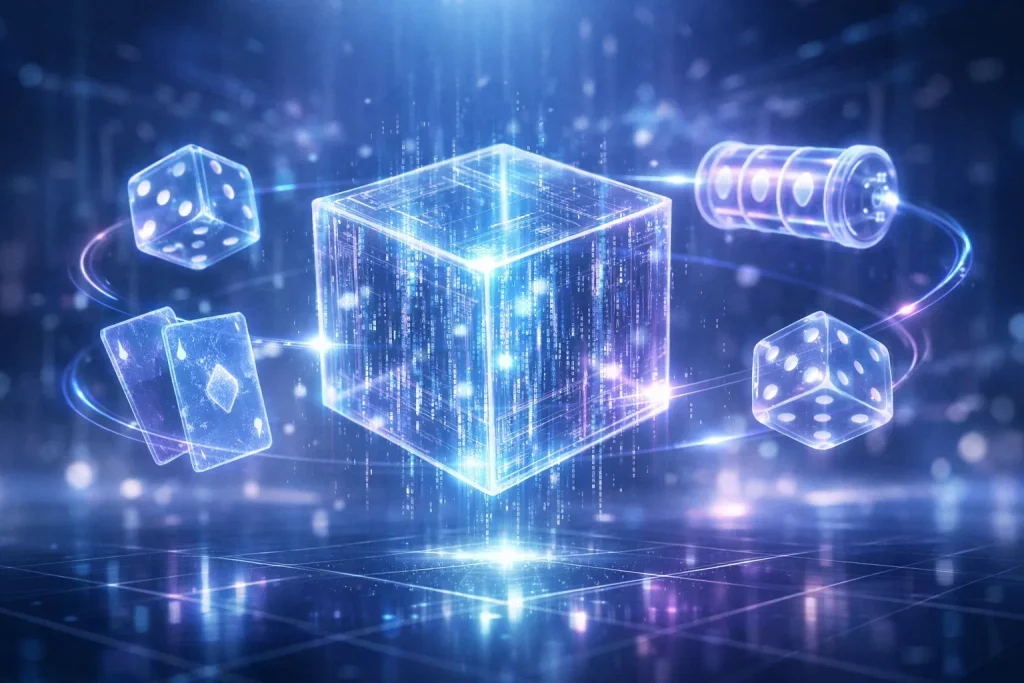 Digital cube with dice, cards, and slot machine icons representing provably fair blockchain gaming in online casinos