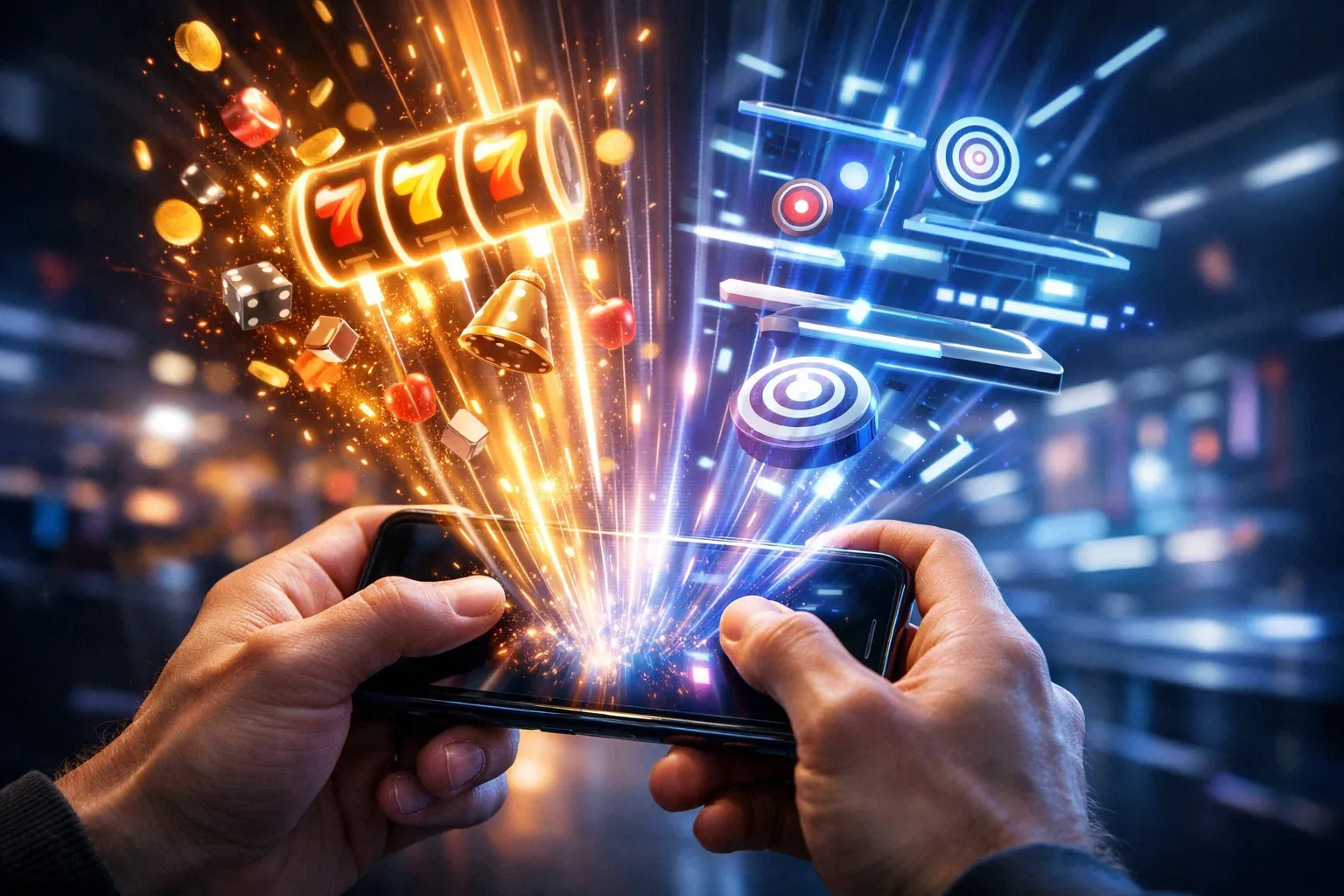 A player holding a smartphone with skill-based and classic slot elements exploding from the screen, symbolizing modern slot gameplay evolution