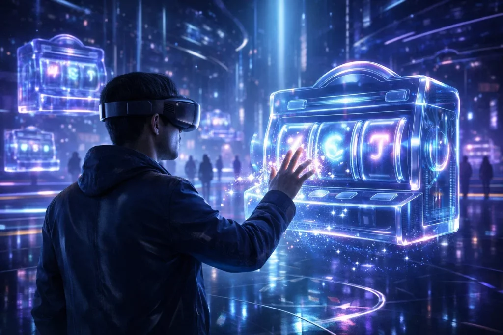 Man using VR headset to interact with a virtual slot machine in a futuristic metaverse casino environment
