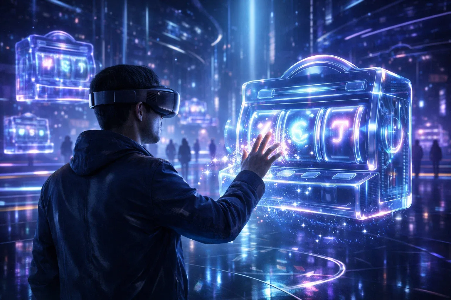 Man using VR headset to interact with a virtual slot machine in a futuristic metaverse casino environment