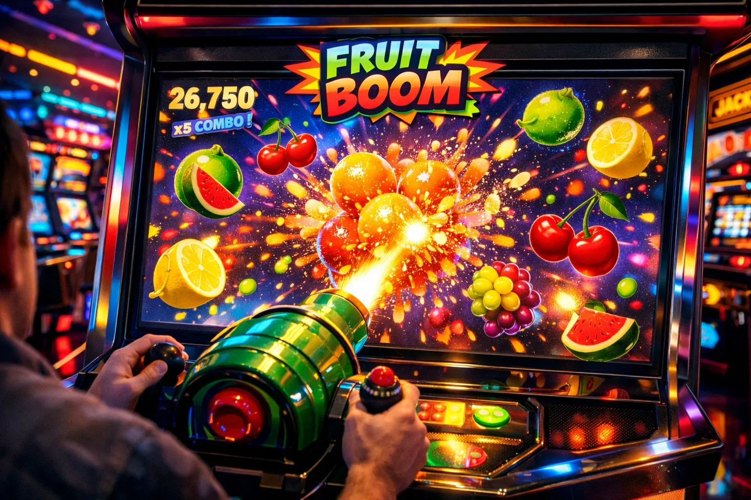 Colorful Fruit Boom arcade game with moving fruits and shooting gameplay inspired by slots and casino games