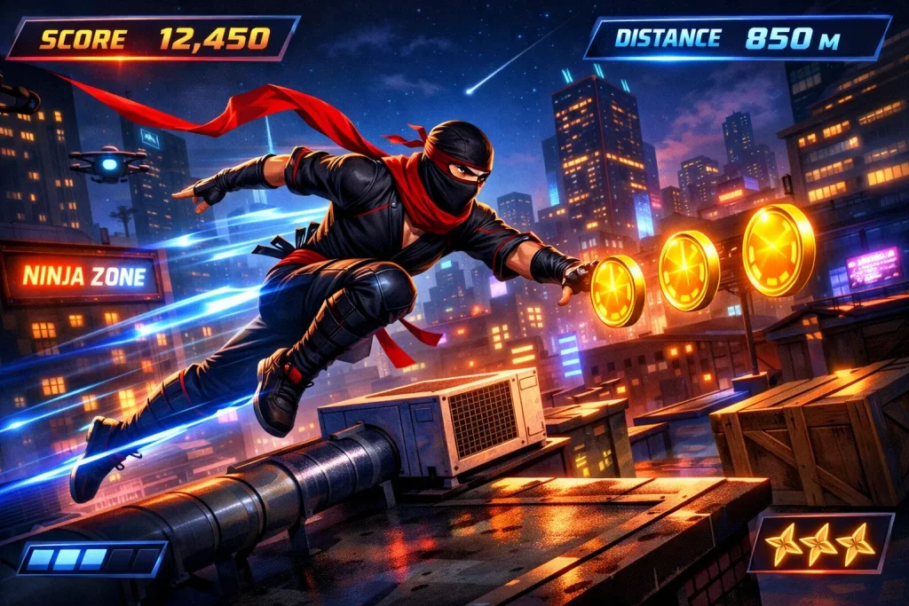 Ninja Run arcade game showing a ninja running across rooftops and jumping over obstacles