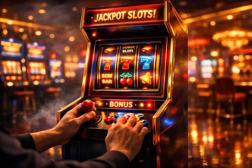 Close-up of hands playing a glowing jackpot slot machine in a neon casino arcade environment with 7s symbols and bonus lights. ideal jewelry and loan