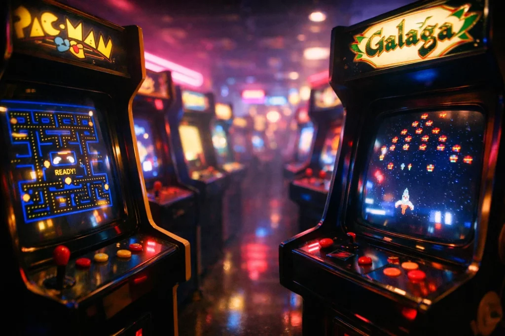 Retro neon arcade with Pac-Man and Galaga cabinets.