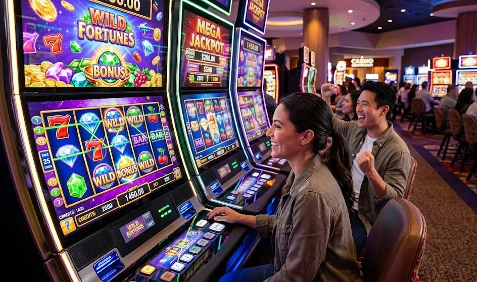 A woman and a man are smiling and gesturing excitedly while playing a "Wild Fortunes" slot machine in a busy casino.