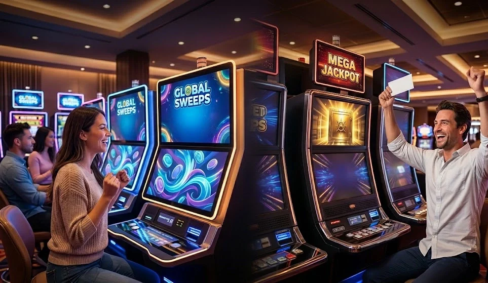 A side-by-side comparison of a woman playing a digital sweepstakes machine and a man celebrating a win at a traditional casino slot machine.