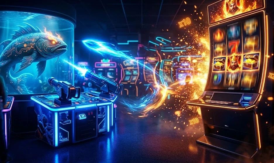 A cinematic low-angle shot of a futuristic arcade where a neon-blue fish game cannon fires at a digital monster fish, clashing with a glowing gold and orange high-tech slot machine.