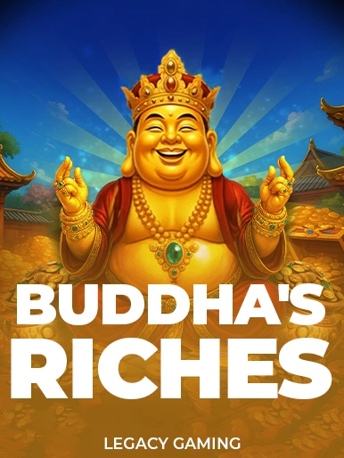 casinoGames A golden Buddha statue with a crown and a big smile, surrounded by a blue sky with sun rays, with the words