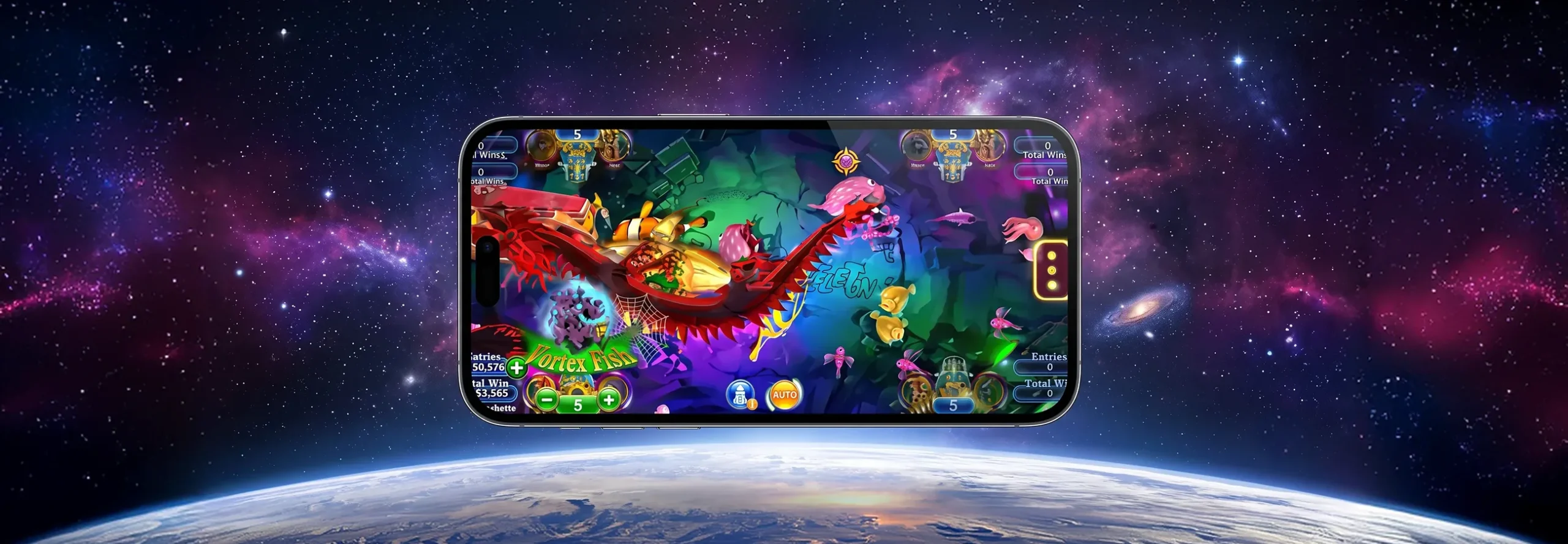 casinoGames A smartphone screen displaying a casino game, set against a background of the Earth from space, with a galaxy of