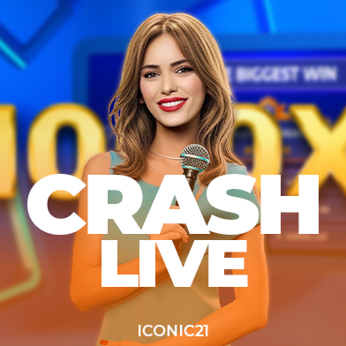 casinogames A woman with long blonde hair and red lipstick, holding a microphone, with the words 'CRASH LIVE' in large white