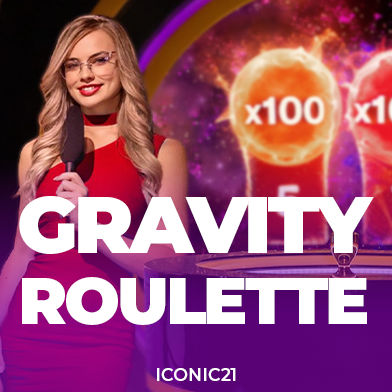 casinogames A woman in a red dress holding a microphone with the words 'GRAVITY ROULETTE' and 'ICONIC21' on a purple