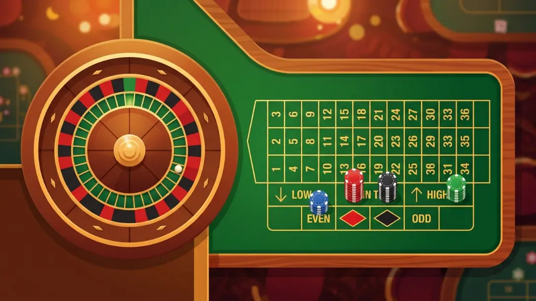 Roulette wheel and betting table with chips placed on even money bets