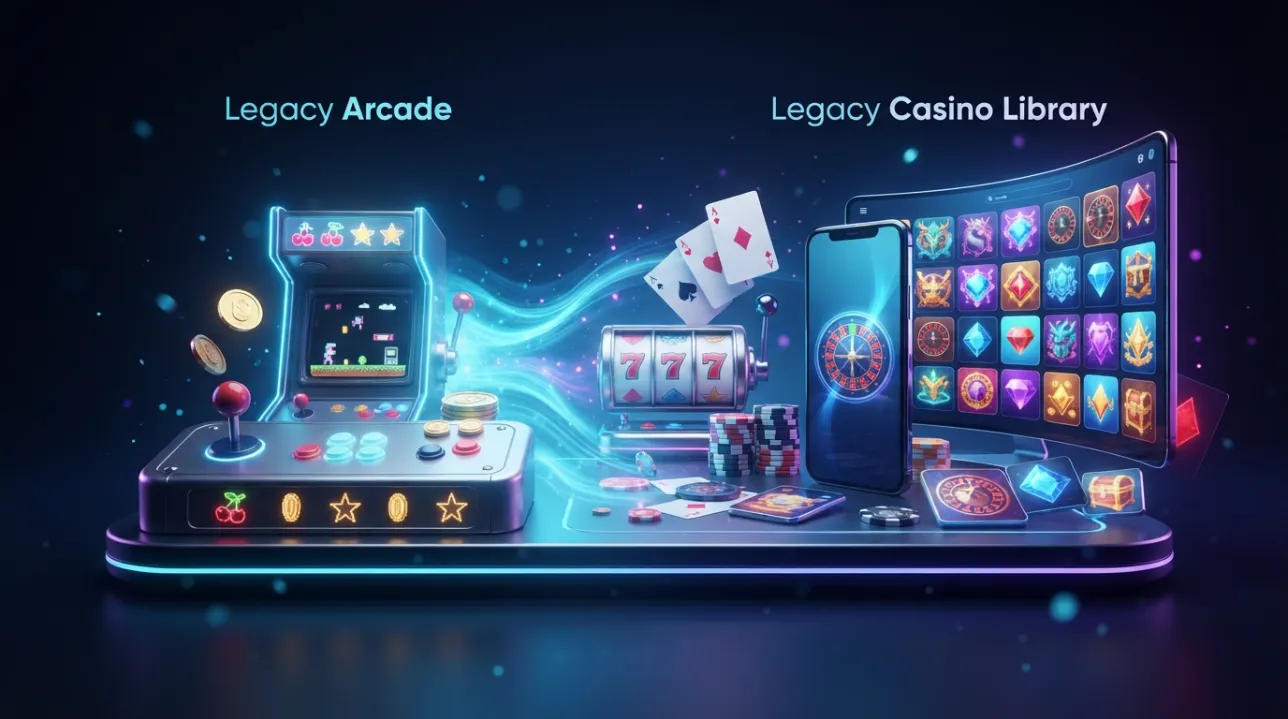 Legacy Casino rebrand concept with arcade and casino game elements