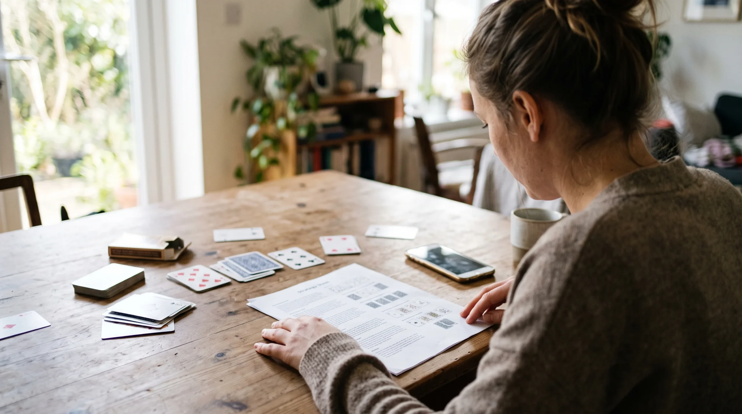 Woman learning a card game from a strategy sheet as a beginner