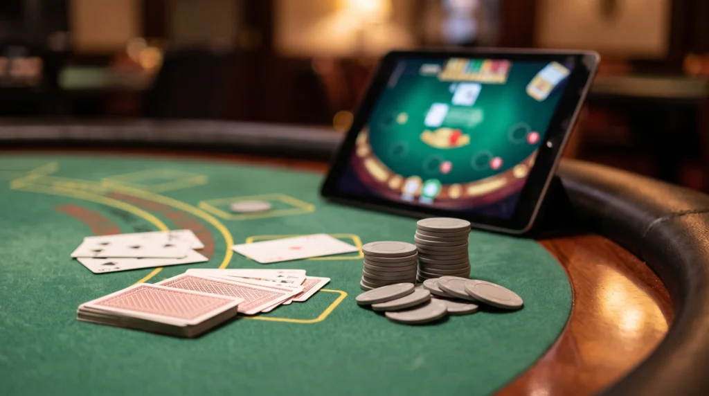 Playing cards and a tablet at a green felt table showing online table games