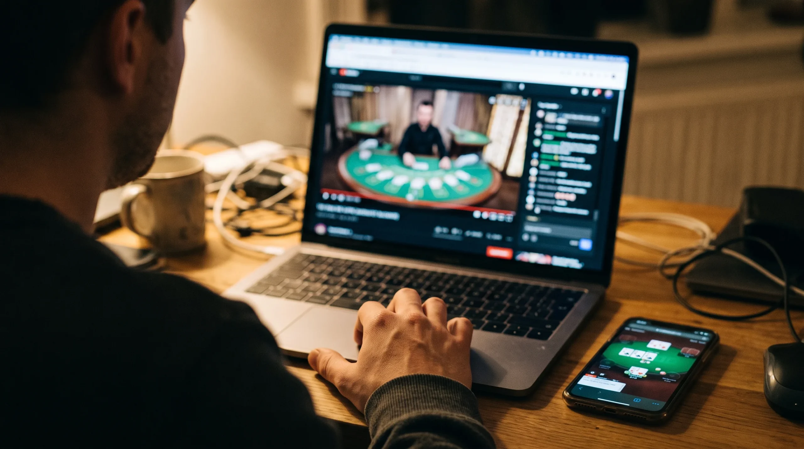Laptop with a live dealer stream next to a phone showing an RNG table game