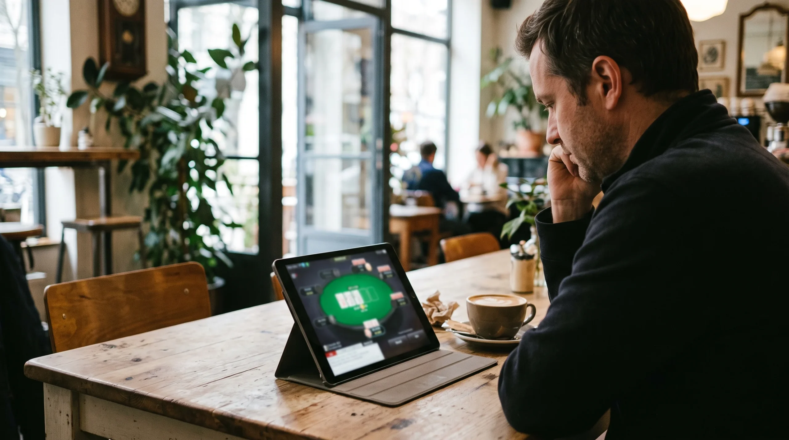 Man trying an online table game free at a cafe with no purchase needed
