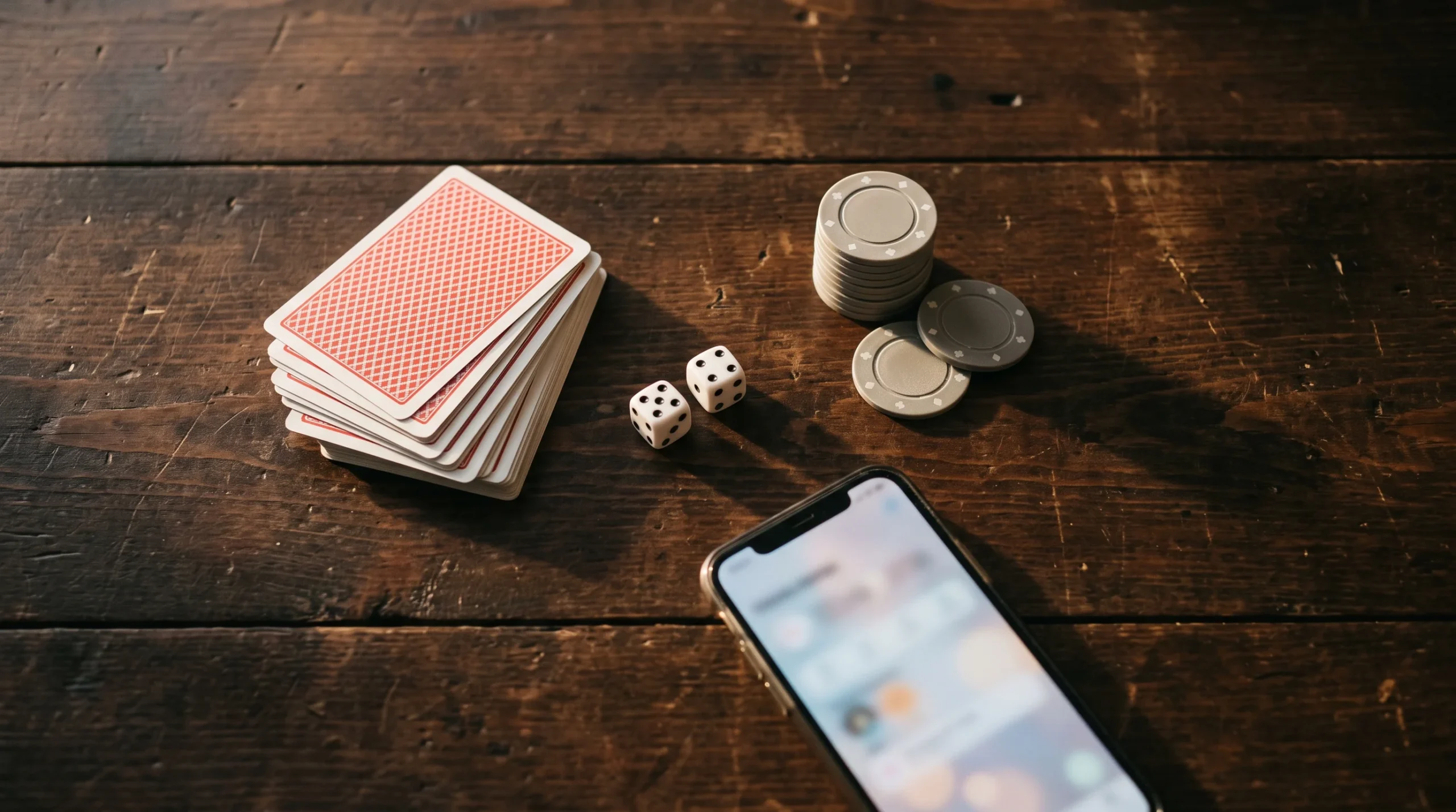 Cards, dice and chips beside a phone showing what online table games are