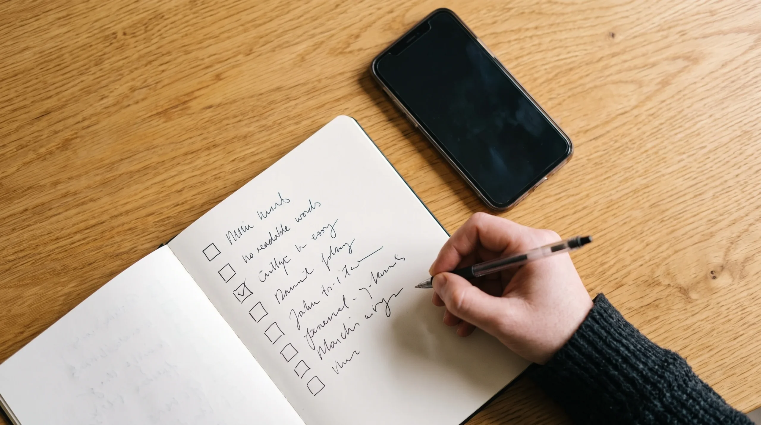 Hand ticking a paper checklist next to a phone before playing free slots
