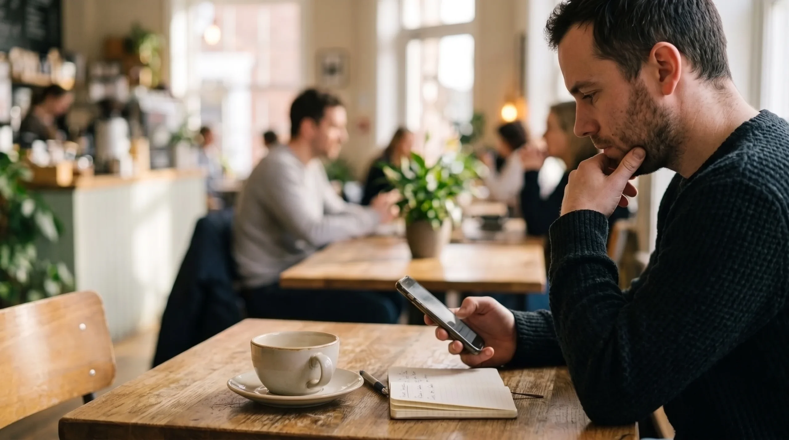 Person at a cafe thinking about whether free slot wins count as real money