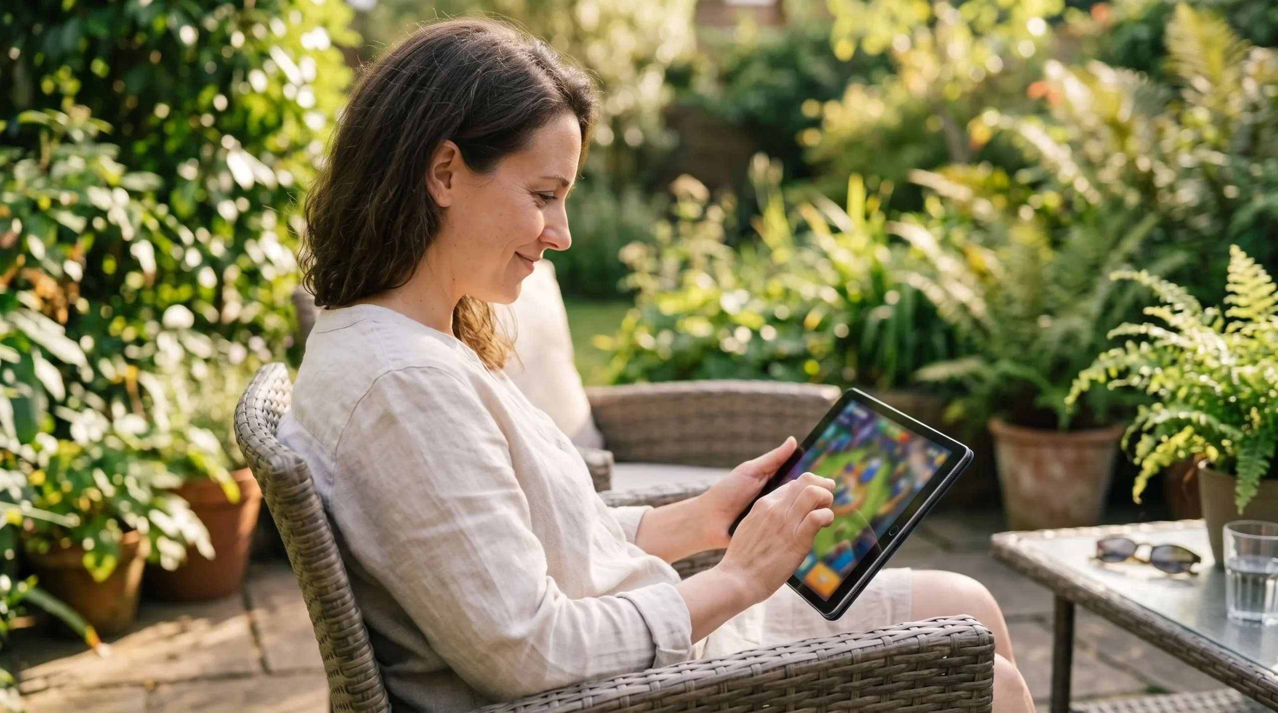 Adult relaxing outdoors and trying free slots on a tablet with no purchase needed