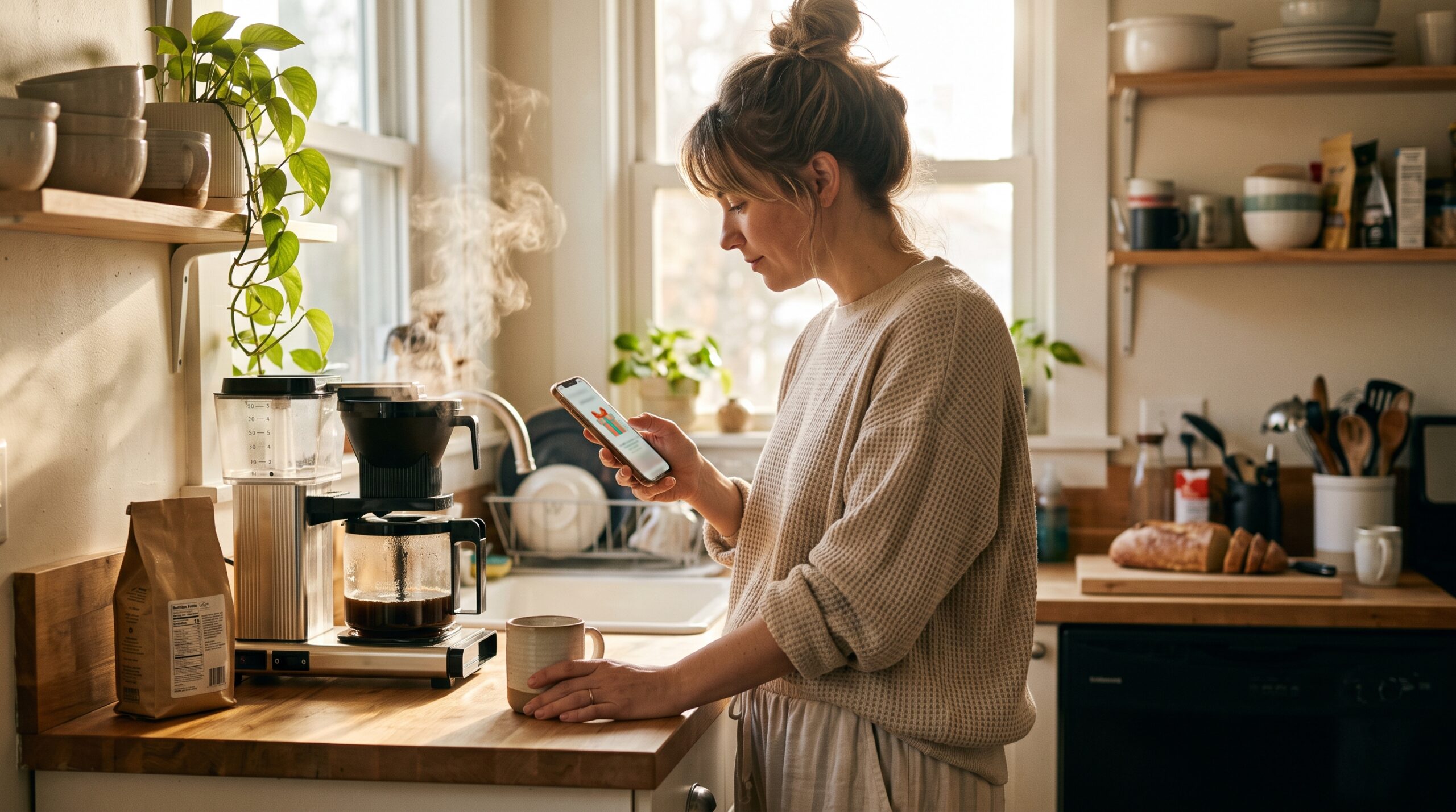 Woman checking her phone for a daily free coin bonus in the morning