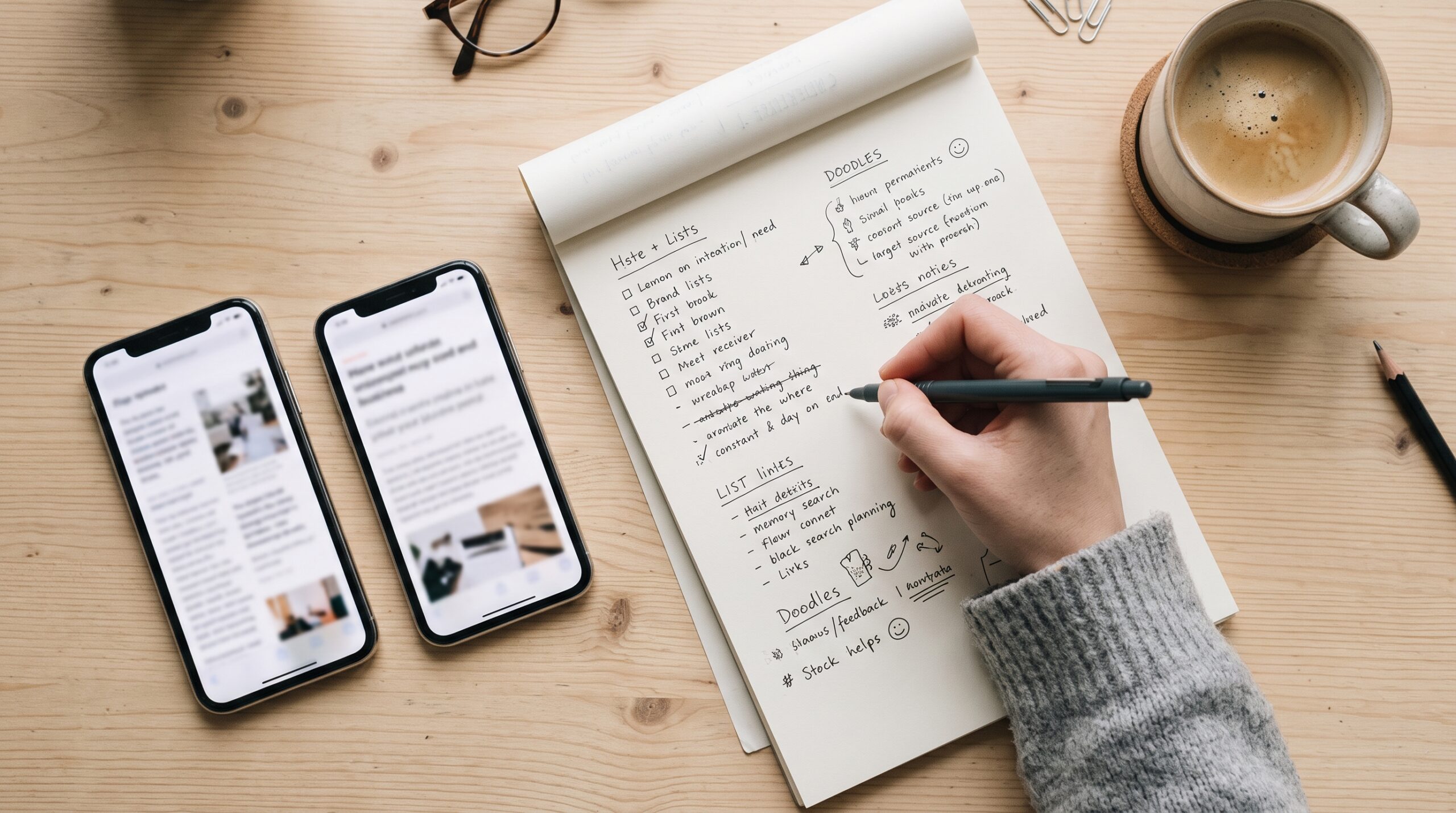 Hands comparing two no deposit offers on phones with a notepad