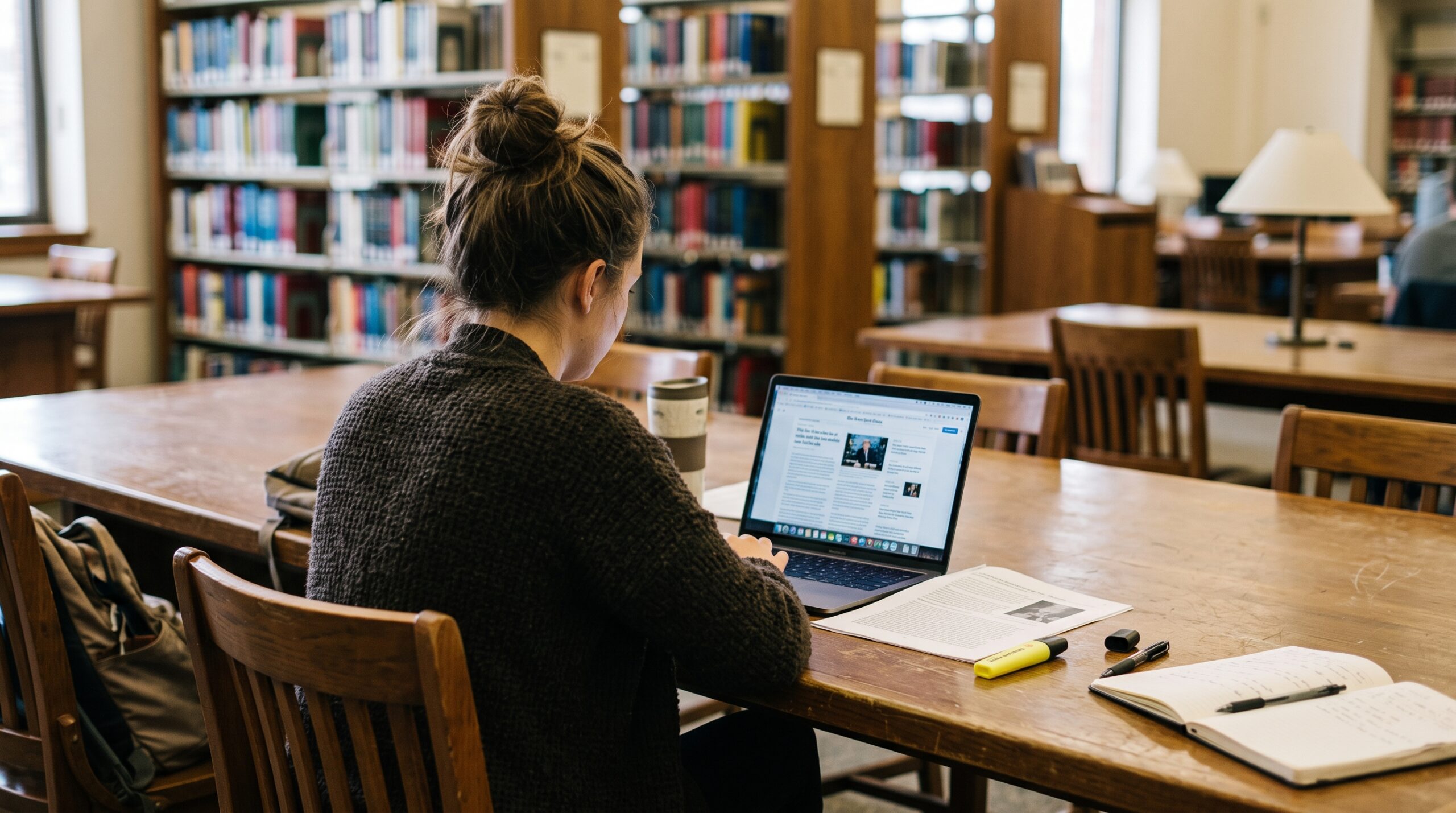 Woman researching sweepstakes casino laws in her state at a library table