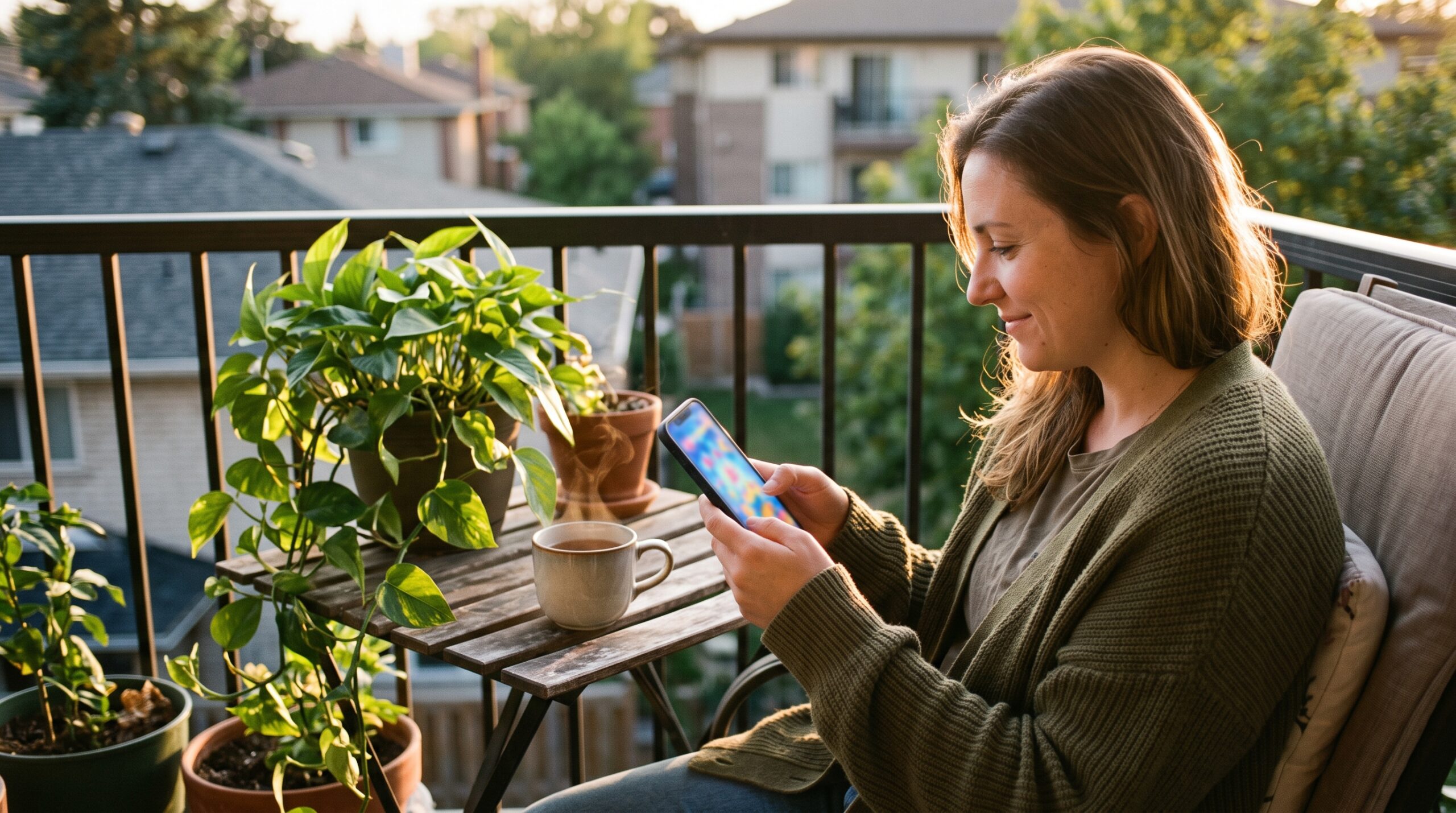 Woman relaxing on a balcony and trying a no purchase needed offer on her phone