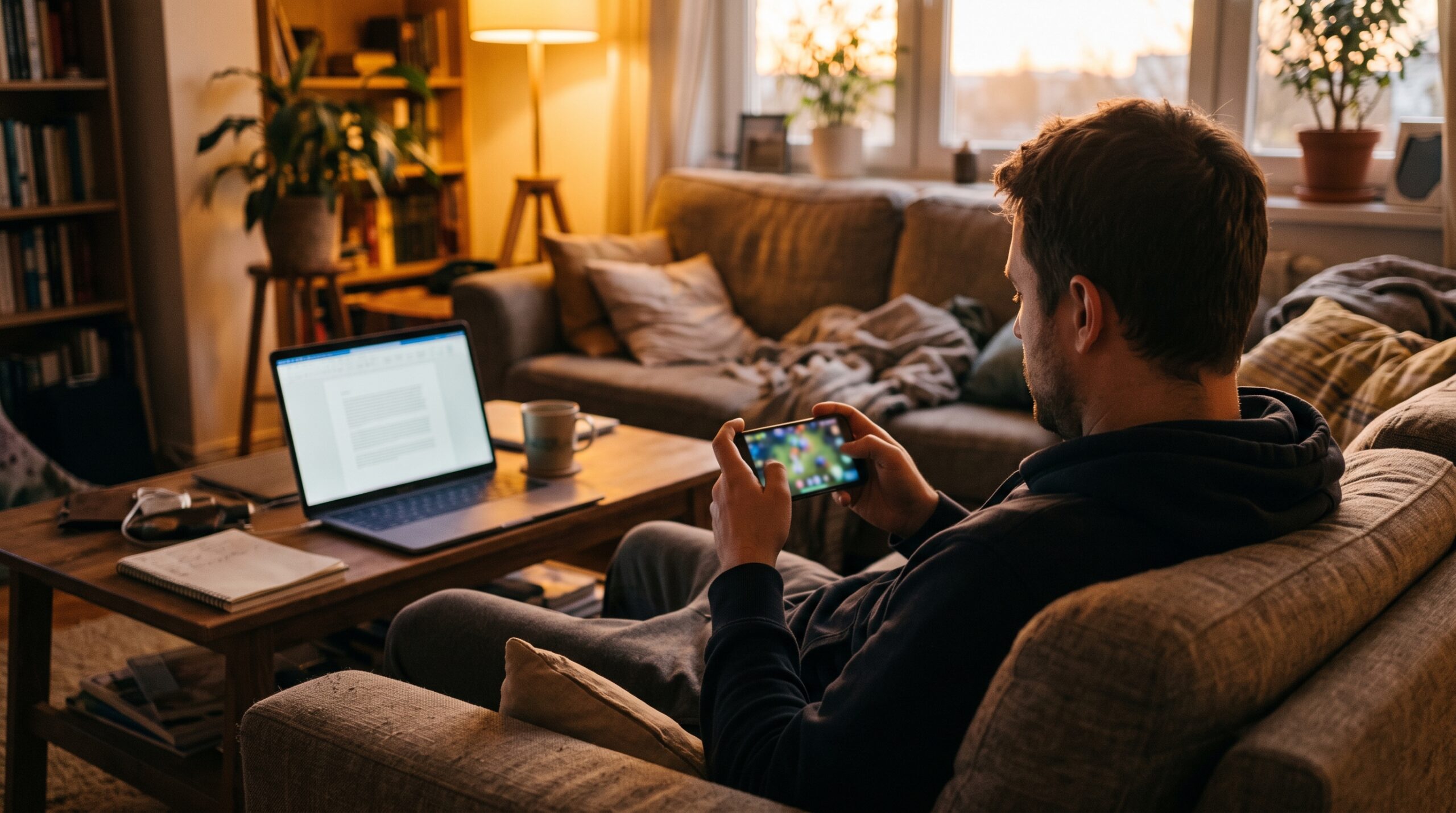 Man on a sofa reading about a sweepstakes casino no deposit offer